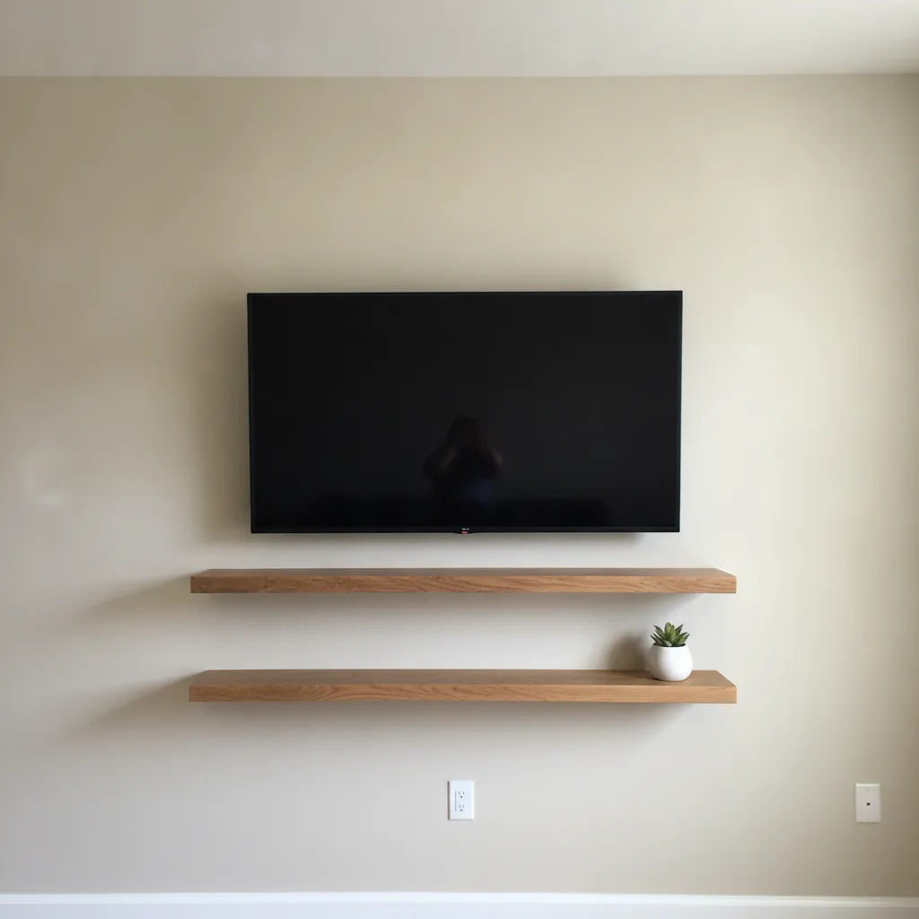 Neatly mounted TV and floating shelves on a finished El Paso living-room wall
